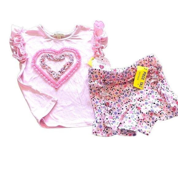 Btween 3 Piece Outfit Pink Floral Shorts Top Hair Tie - Picture 1 of 12